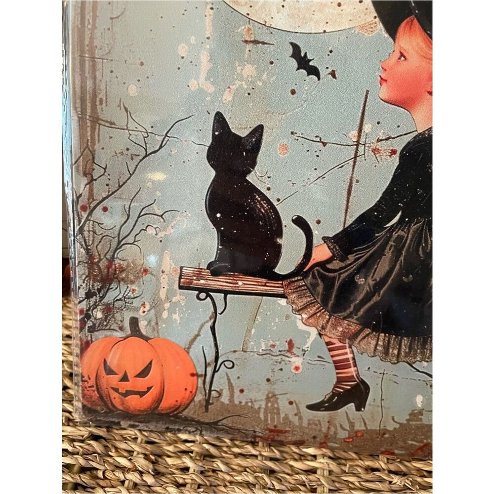 Vintage Halloween Witch & Cat & Ghosts Metal Sign - Black, Orange, White 8.5x12 - Picture 4 of 12